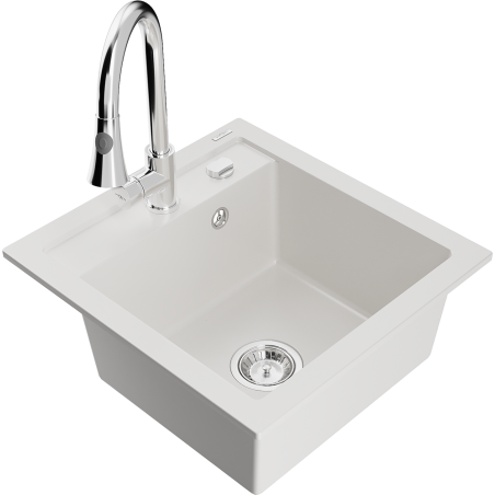 Mexen Vito 1-bowl granite sink with Elia kitchen faucet, white - 6503-20-670101-00