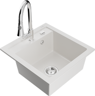 Mexen Vito granite kitchen sink 1-bowl with Elia kitchen faucet, white - 6503-20-670101-00