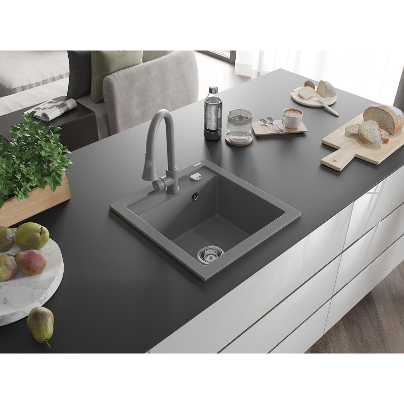 Mexen Vito granit sink 1-bowl with Elia kitchen faucet, gray - 6503-71-670101-71
