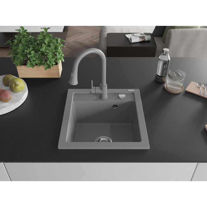 Mexen Vito granite kitchen sink 1-bowl with kitchen tap Elia, grey - 6503-71-670101-71