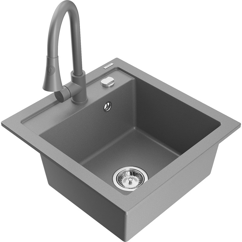Mexen Vito granit sink 1-bowl with Elia kitchen faucet, gray - 6503-71-670101-71