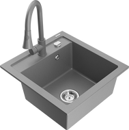 Mexen Vito granit sink 1-bowl with Elia kitchen faucet, gray - 6503-71-670101-71