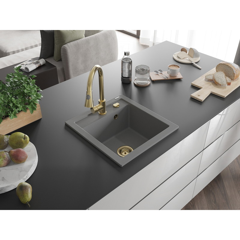 Mexen Vito granite kitchen sink, 1-bowl with Elia kitchen faucet, gray - 6503-71-670101-50