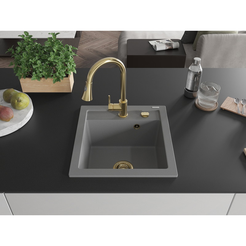 Mexen Vito granite kitchen sink, 1-bowl with Elia kitchen faucet, gray - 6503-71-670101-50