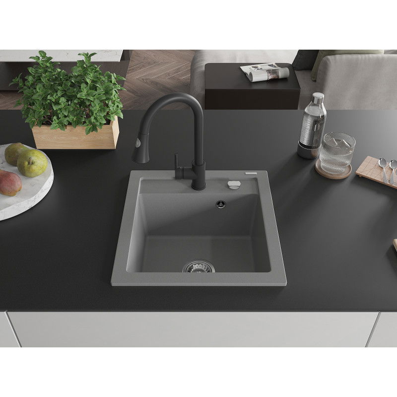 Mexen Vito granite sink 1-bowl with Elia kitchen tap, grey - 6503-71-670101-70