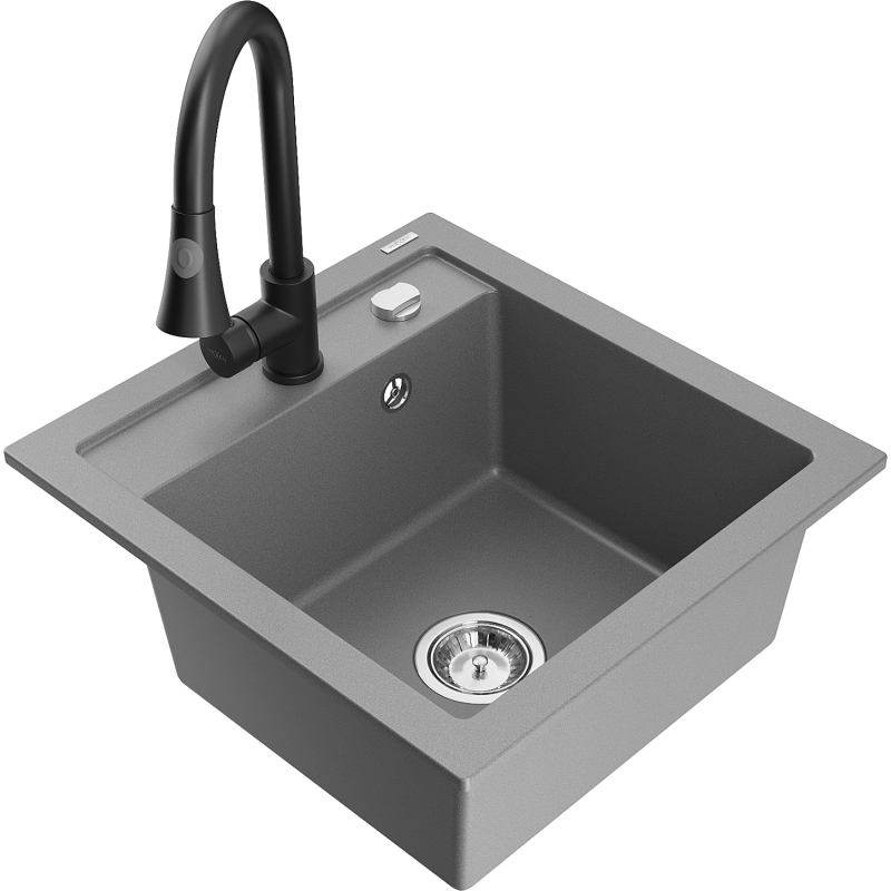 Mexen Vito granite sink 1-bowl with Elia kitchen tap, grey - 6503-71-670101-70
