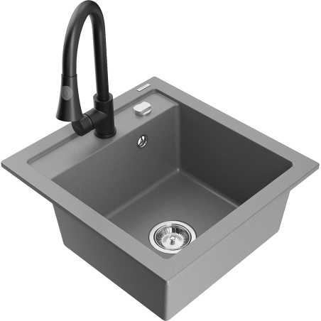 Mexen Vito granite kitchen sink 1-bowl with Elia kitchen tap, gray - 6503-71-670101-70