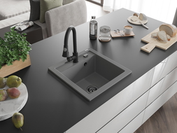 Mexen Vito Granite Kitchen Sink 1-Bowl with Elia Kitchen Tap, Grey - 6503-71-670101-70-B