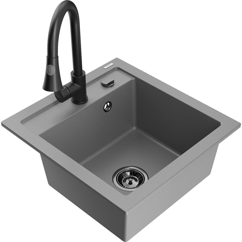 Mexen Vito granite kitchen sink 1-bowl with Elia kitchen faucet, gray - 6503-71-670101-70-B