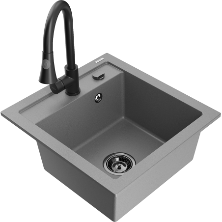 Mexen Vito granite kitchen sink 1-bowl with Elia kitchen faucet, gray - 6503-71-670101-70-B