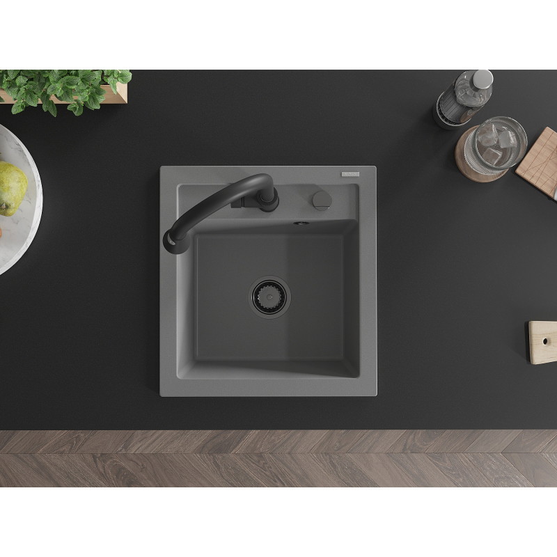 Mexen Vito granite kitchen sink 1-bowl with Elia kitchen faucet, gray - 6503-71-670101-70-B
