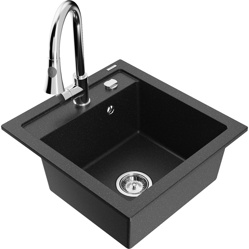 Mexen Vito single-bowl granite sink with Elia kitchen faucet, black/silver metallic - 6503-73-670101-00