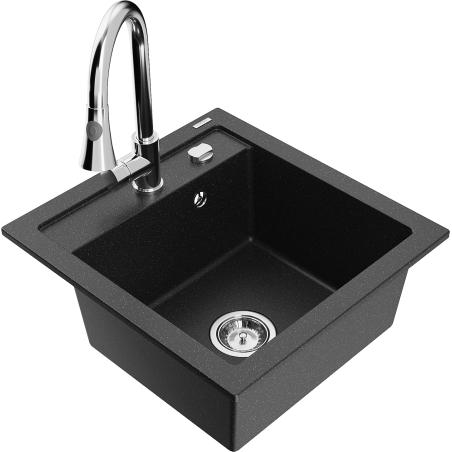 Mexen Vito 1-bowl granite sink with Elia kitchen faucet, black/silver metallic - 6503-73-670101-00