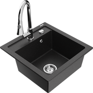 Mexen Vito 1-bowl granite sink with Elia kitchen faucet, black/silver metallic - 6503-73-670101-00