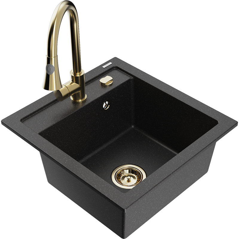 Mexen Vito 1-bowl granite kitchen sink with Elia kitchen tap, black/silver metallic - 6503-73-670101-50