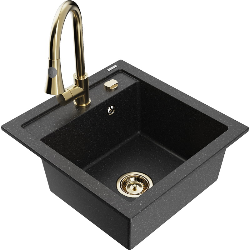 Mexen Vito granite kitchen sink 1-bowl with Elia kitchen faucet, black/silver metallic - 6503-73-670101-50