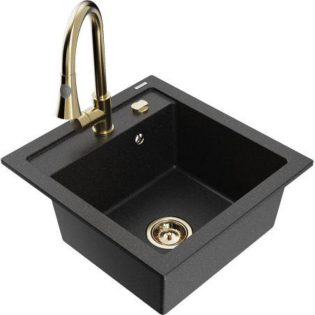 Mexen Vito granite kitchen sink 1-bowl with Elia kitchen faucet, black/silver metallic - 6503-73-670101-50