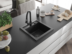 Mexen Vito Granite Sink 1-Bowl with Elia Kitchen Tap, Black/Silver Metallic - 6503-73-670101-70-B