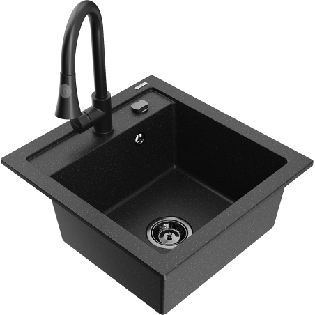 Mexen Vito granite single-bowl sink with Elia kitchen faucet, black/silver metallic - 6503-73-670101-70-B