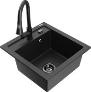 Mexen Vito 1-bowl granite sink with Elia kitchen faucet, black/silver metallic - 6503-73-670101-70-B