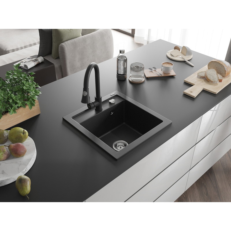 Mexen Vito 1-bowl granite sink with kitchen faucet Elia, black/silver metallic - 6503-73-670101-70