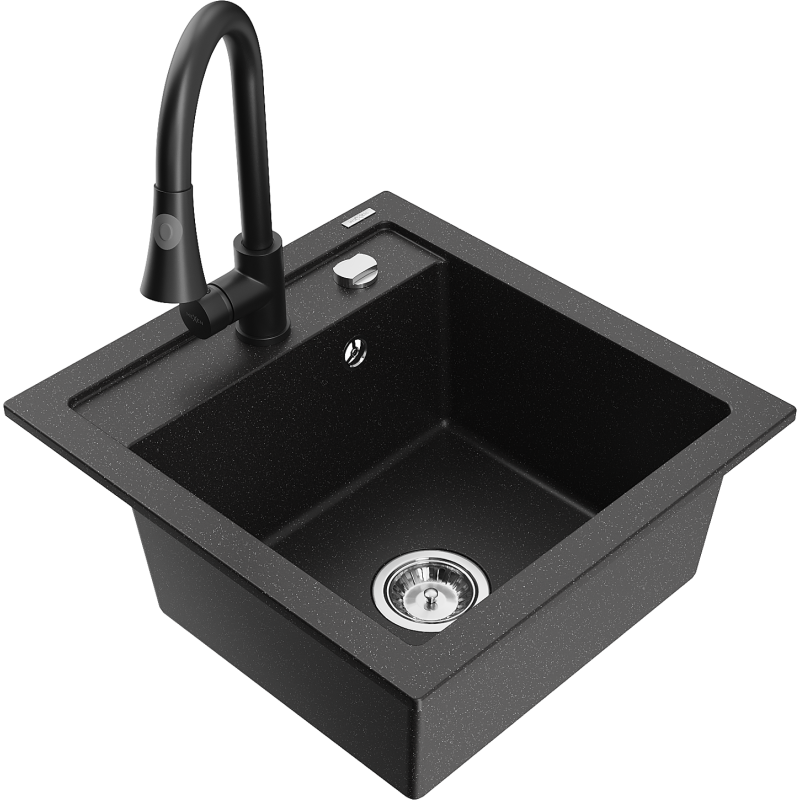 Mexen Vito 1-bowl Granite Kitchen Sink with Elia Kitchen Tap, Black/Silver Metallic - 6503-73-670101-70