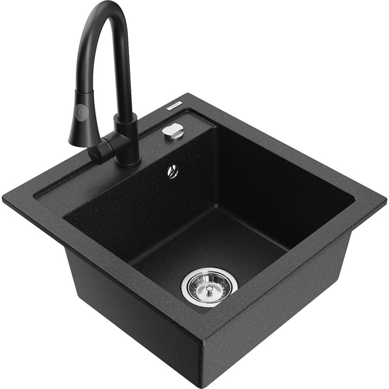 Mexen Vito 1-bowl granite sink with kitchen faucet Elia, black/silver metallic - 6503-73-670101-70