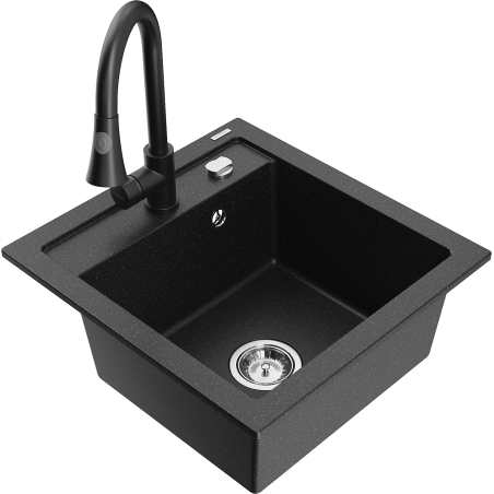 Mexen Vito 1-bowl granite sink with kitchen faucet Elia, black/silver metallic - 6503-73-670101-70