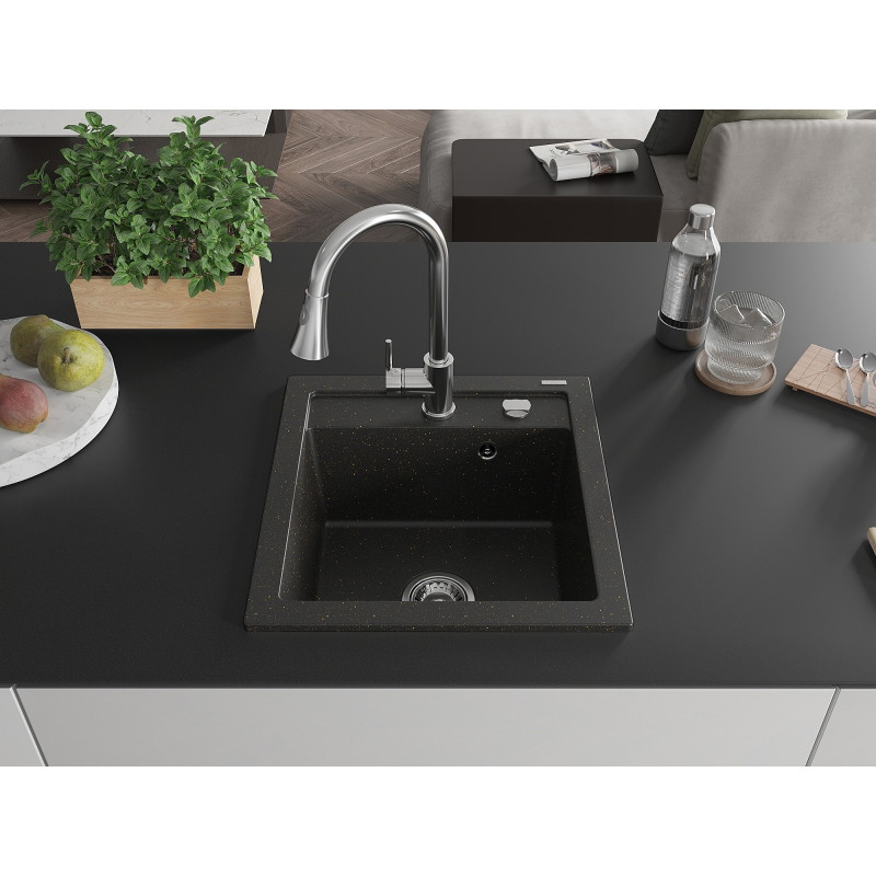 Mexen Vito granite sink 1-bowl with Elia kitchen faucet, black/gold metallic - 6503-75-670101-00