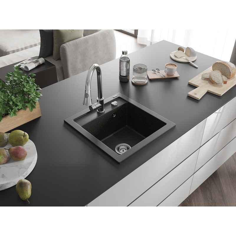 Mexen Vito granite sink 1-bowl with Elia kitchen faucet, black/gold metallic - 6503-75-670101-00