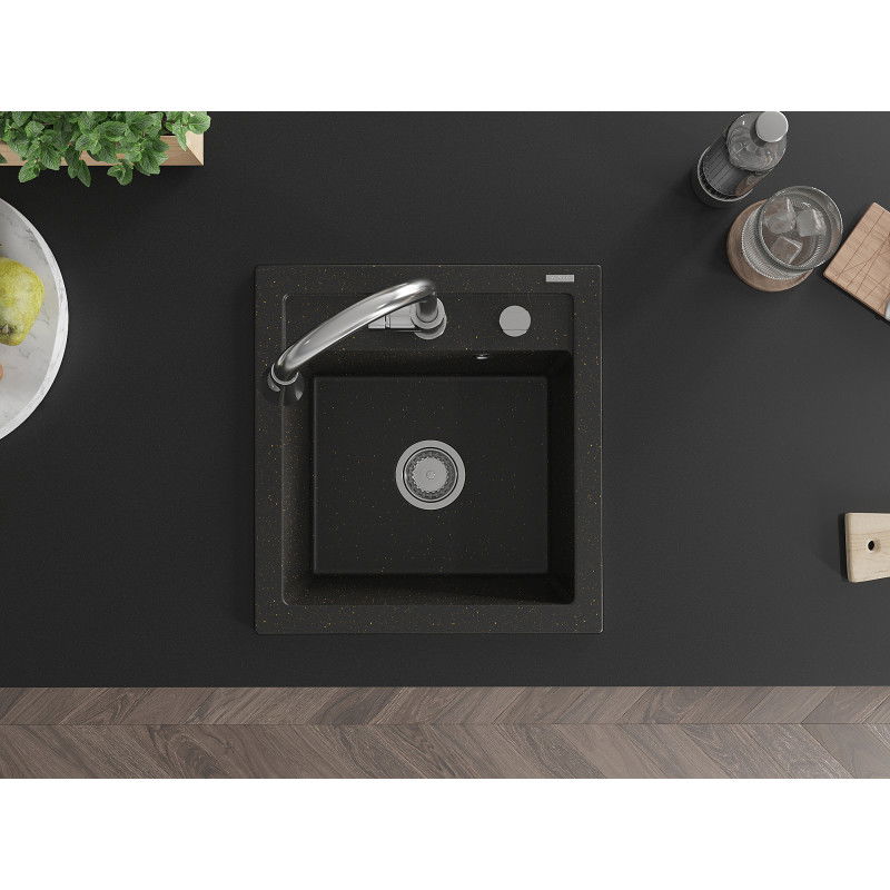 Mexen Vito 1-bowl granite kitchen sink with Elia kitchen tap, black/gold metallic - 6503-75-670101-00