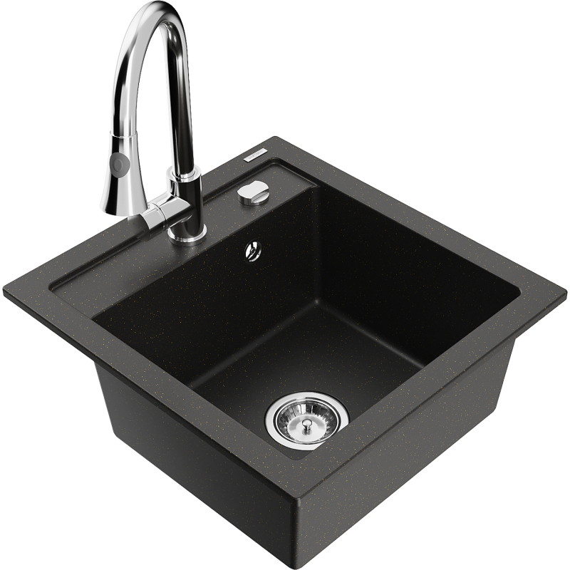 Mexen Vito 1-bowl granite sink with Elia kitchen faucet, black/gold metallic - 6503-75-670101-00
