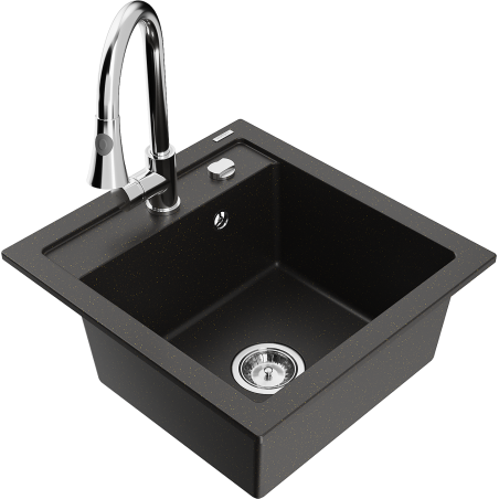 Mexen Vito granite sink 1-bowl with Elia kitchen faucet, black/gold metallic - 6503-75-670101-00
