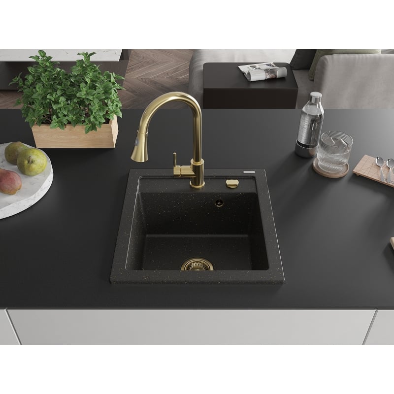 Mexen Vito granit sink single-bowl with Elia kitchen faucet, black/golden metallic - 6503-75-670101-50