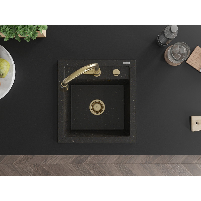 Mexen Vito granit sink single-bowl with Elia kitchen faucet, black/golden metallic - 6503-75-670101-50