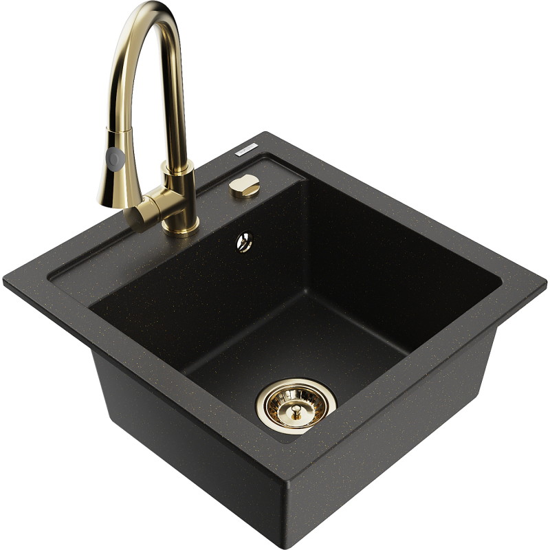 Mexen Vito granit sink single-bowl with Elia kitchen faucet, black/golden metallic - 6503-75-670101-50