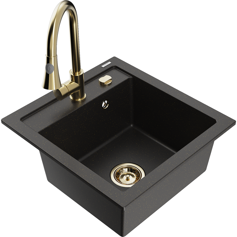 Mexen Vito granite sink 1-bowl with Elia kitchen tap, black/gold metallic - 6503-75-670101-50