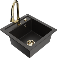 Mexen Vito granite sink 1-bowl with kitchen faucet Elia, black/gold metallic - 6503-75-670101-50