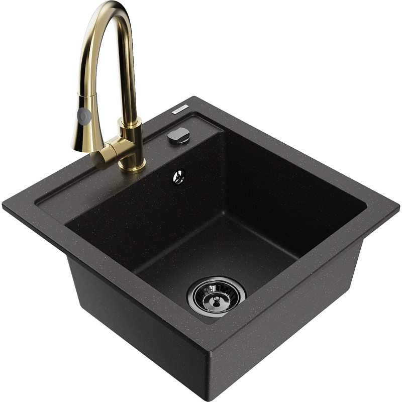 Mexen Vito 1-bowl granite sink with Elia kitchen faucet, black/gold metallic - 6503-75-670101-50-B