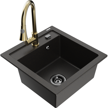 Mexen Vito 1-compartment granite sink with a kitchen mixer tap Elia, Black/Gold metallic - 6503-75-670101-50-B