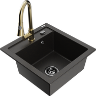 Mexen Vito granite kitchen sink 1-bowl with Elia kitchen faucet, black/gold metallic - 6503-75-670101-50-B