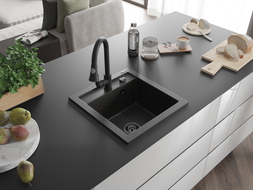 Mexen Vito granite kitchen sink with 1 chamber and Elia kitchen faucet, black/gold metallic - 6503-75-670101-70-B