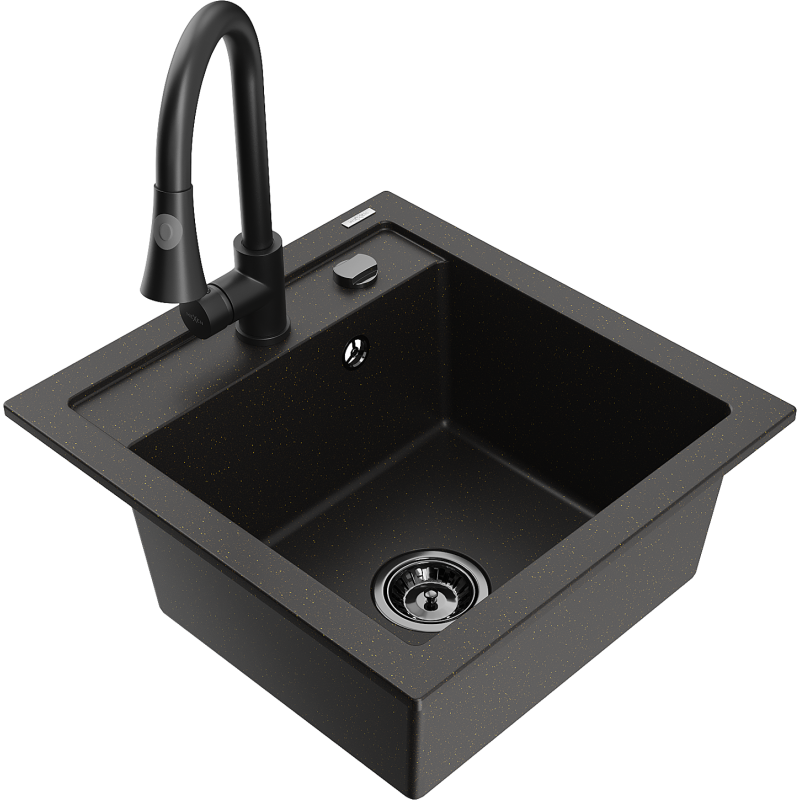Mexen Vito 1-bowl granite kitchen sink with Elia kitchen tap, black/gold metallic - 6503-75-670101-70-B