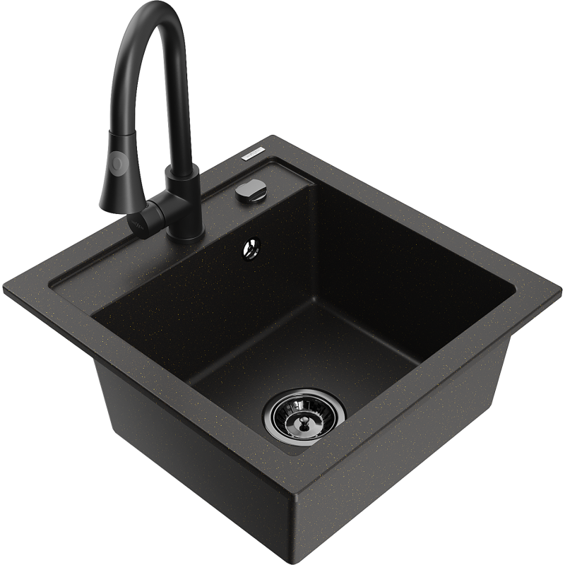 Mexen Vito 1-compartment granite sink with a kitchen mixer tap Elia, Black/Gold metallic - 6503-75-670101-70-B