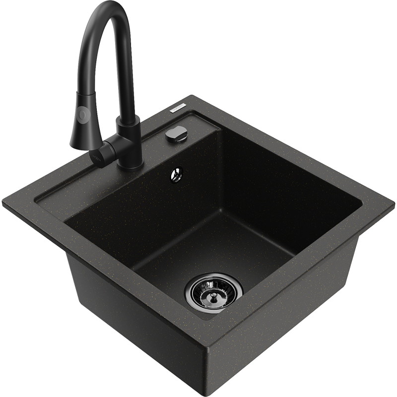 Mexen Vito granite kitchen sink with 1 chamber and Elia kitchen faucet, black/gold metallic - 6503-75-670101-70-B