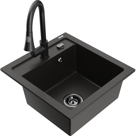 Mexen Vito 1-bowl granite kitchen sink with Elia kitchen tap, black/gold metallic - 6503-75-670101-70-B