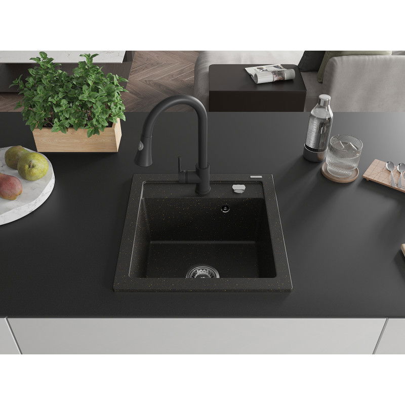 Mexen Vito 1-bowl granite kitchen sink with Elia kitchen tap, black/gold metallic - 6503-75-670101-70