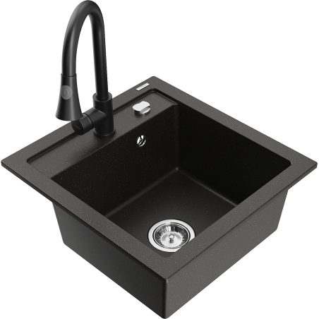 Mexen Vito granite single-bowl sink with Elia kitchen faucet, black/golden metallic - 6503-75-670101-70