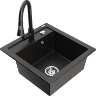 Mexen Vito granite single-bowl sink with Elia kitchen faucet, black/golden metallic - 6503-75-670101-70