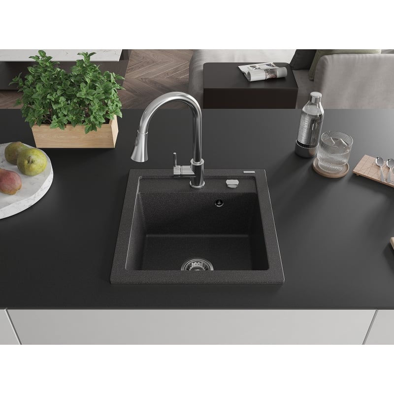 Mexen Vito 1-bowl granite kitchen sink with Elia kitchen faucet, black speckled - 6503-76-670101-00